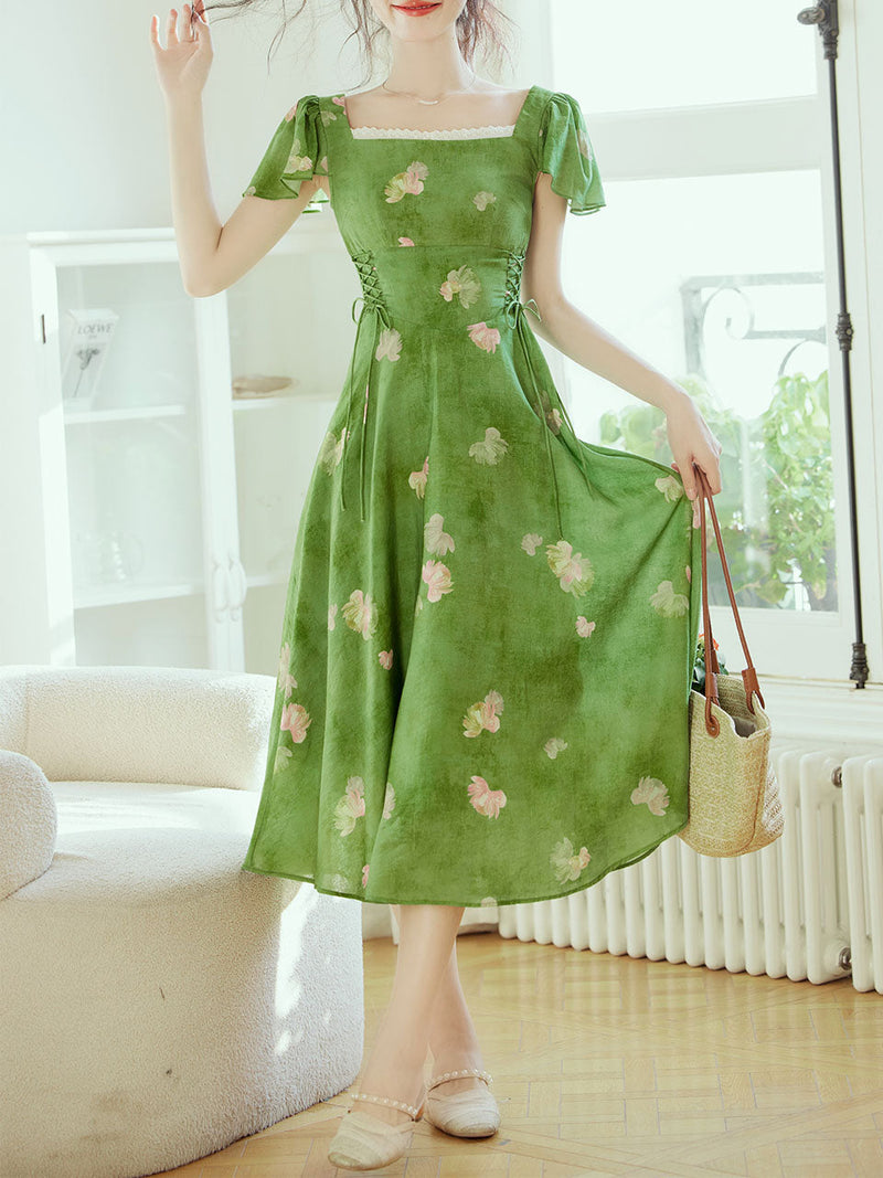 Green Square Neck Short Sleeve Floral Vintage Dress