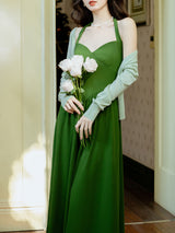 Green Halter Backless Vintage Dress Prom Dress With Short Cardigan