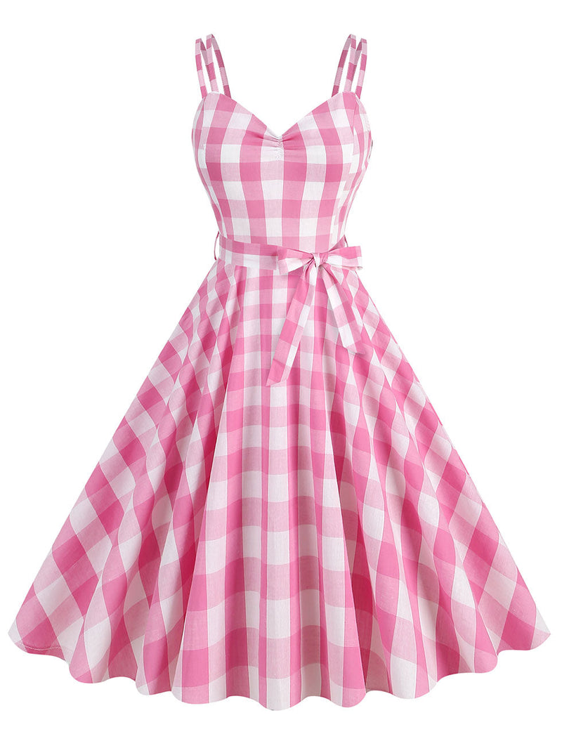 Pink And White Plaid Spaghetti Straps Barbie Retro Swing Dress