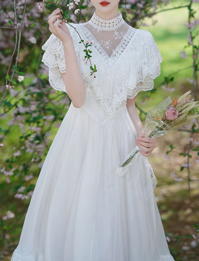 White Lace Pleat Edwardian Revival Vintage Wedding Dress