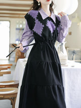 Purple Knitted Vest Fake Two Piece Long Sleeve Vintage Winter Dress