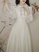 Apricot Embroidered Long Sleeve Vintage Dress with Belt