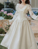 Sweet Victorian Ruffles Corset Long Sleeve Wedding Maxi Dress with Wedding Veil