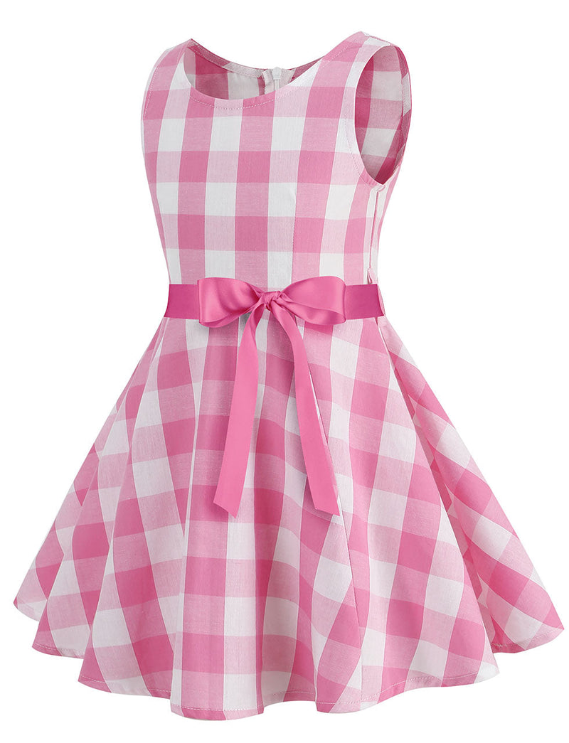 Kids Little Girls' Dress Pink And White Plaid  Barbie Retro Swing Dress