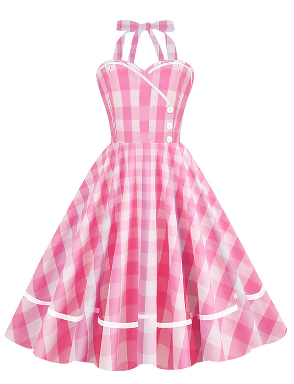 Pink And White Barbie Same Style Plaid Halter 1950S Vintage Dress