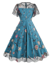 Lake Blue Semi Mesh Rose Embroidered Short Sleeve 50S Swing Dress