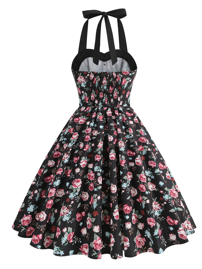 Black Rose Sweet Heart Halter Sleeveless 1950S Vintage Dress