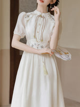 Apricot Embroidered Short Sleeve Vintage Dress with Belt