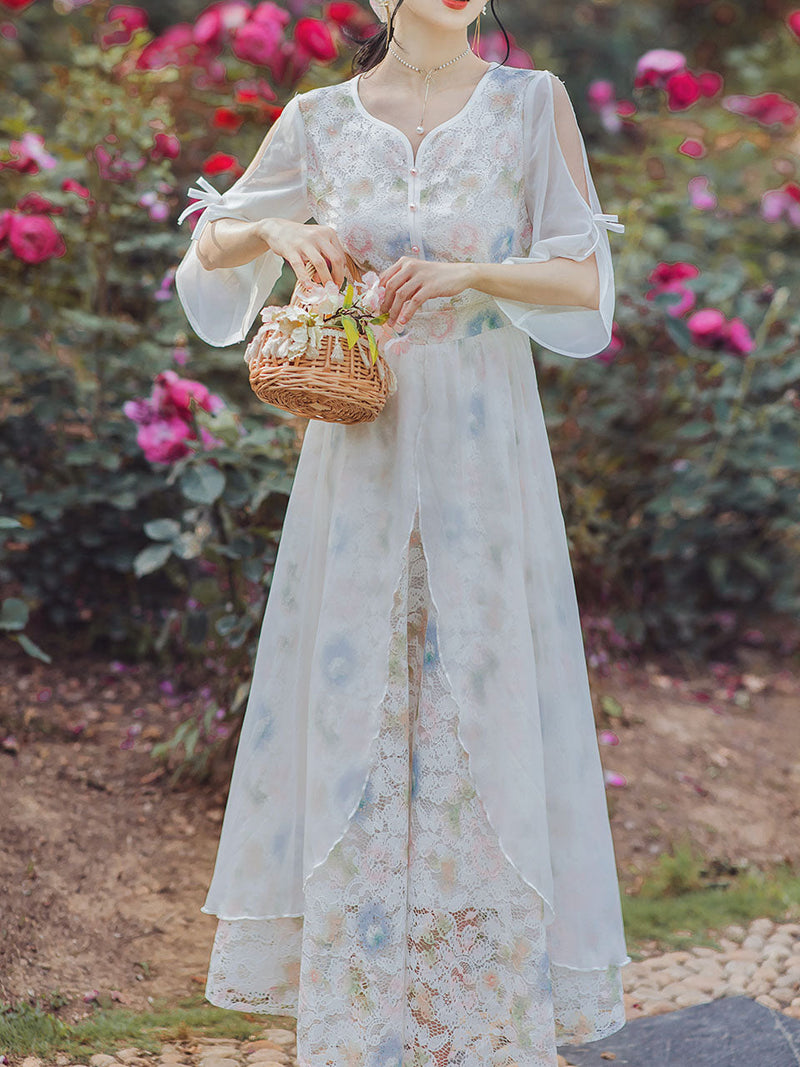 White Lace V Neck Off Shoulder Sleeve Vintage Dress