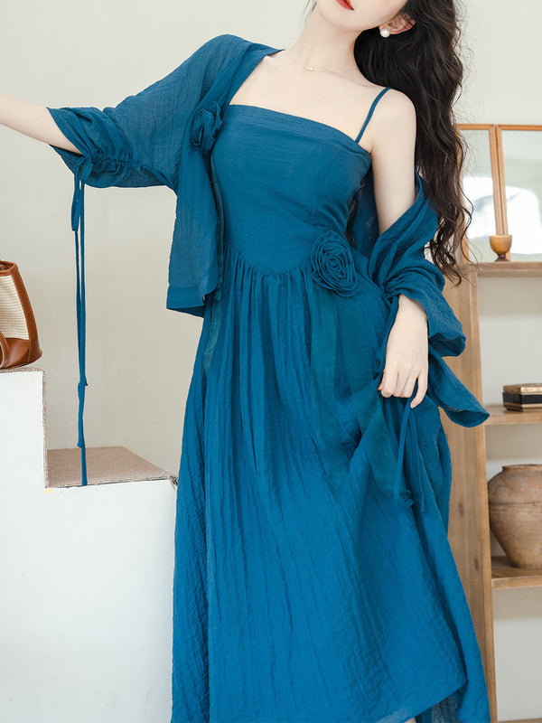 Blue Handmade Rose Spaghetti Strap Maxi Dress Prom Dress With Cardigan