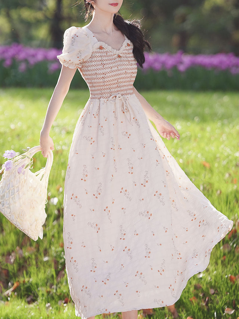 Apricot V Neck Floral Smocking Princess Puff Sleeve Vintage Dress