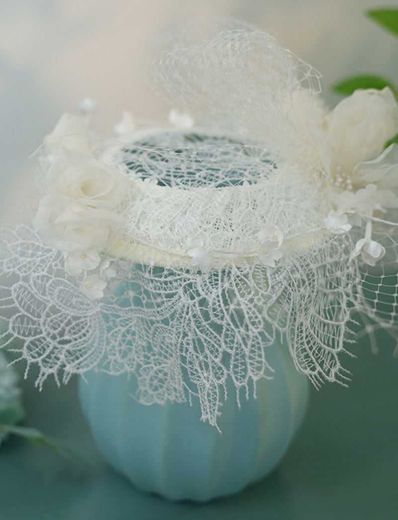 Hand-Woven Mesh Decorative Linen Lace White Wedding Hat