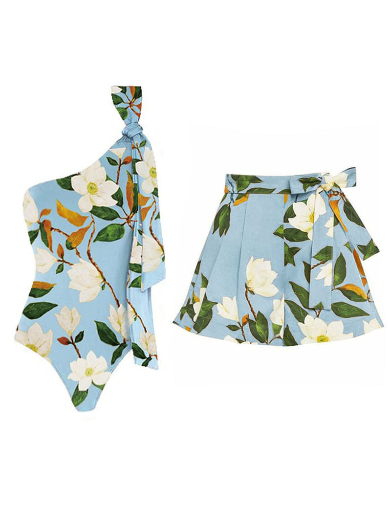 Blue One Shoulder Two Piece Floral Print Swimsuit With Bathing Suit Mini Skirt