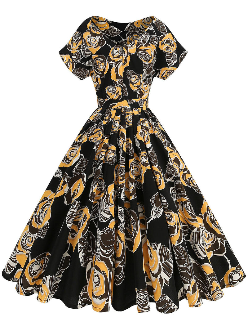 1950s Brown Rose Print Short Sleeve Vintage Swing Dress