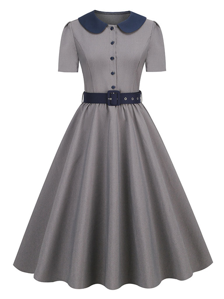 Grey Peter Pan Collar Short Sleeve 1950S Vintage Swing Dress