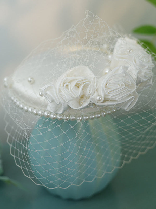 White Retro Handmade Flowers Satin Birdcage Veil Wedding Hat with Pearls