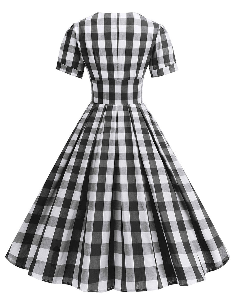 Black V Neck Plaid Audrey Hepburn Style Cocktail Swing Dress