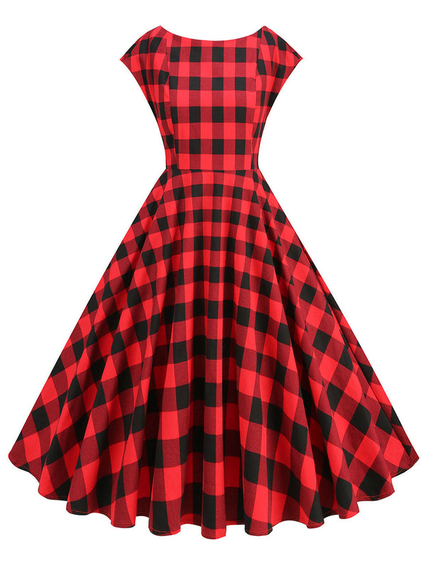 1950s Crew Neck Plaid Cap Sleeve Vintage Swing Dress