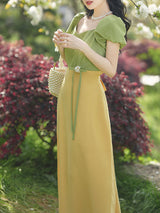 Yellow V Neck Puff Sleeve 1950S Vintage Dress