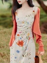 2PS White Floral Print Spaghetti Strap Dress With Orange Shawl Dress Suit