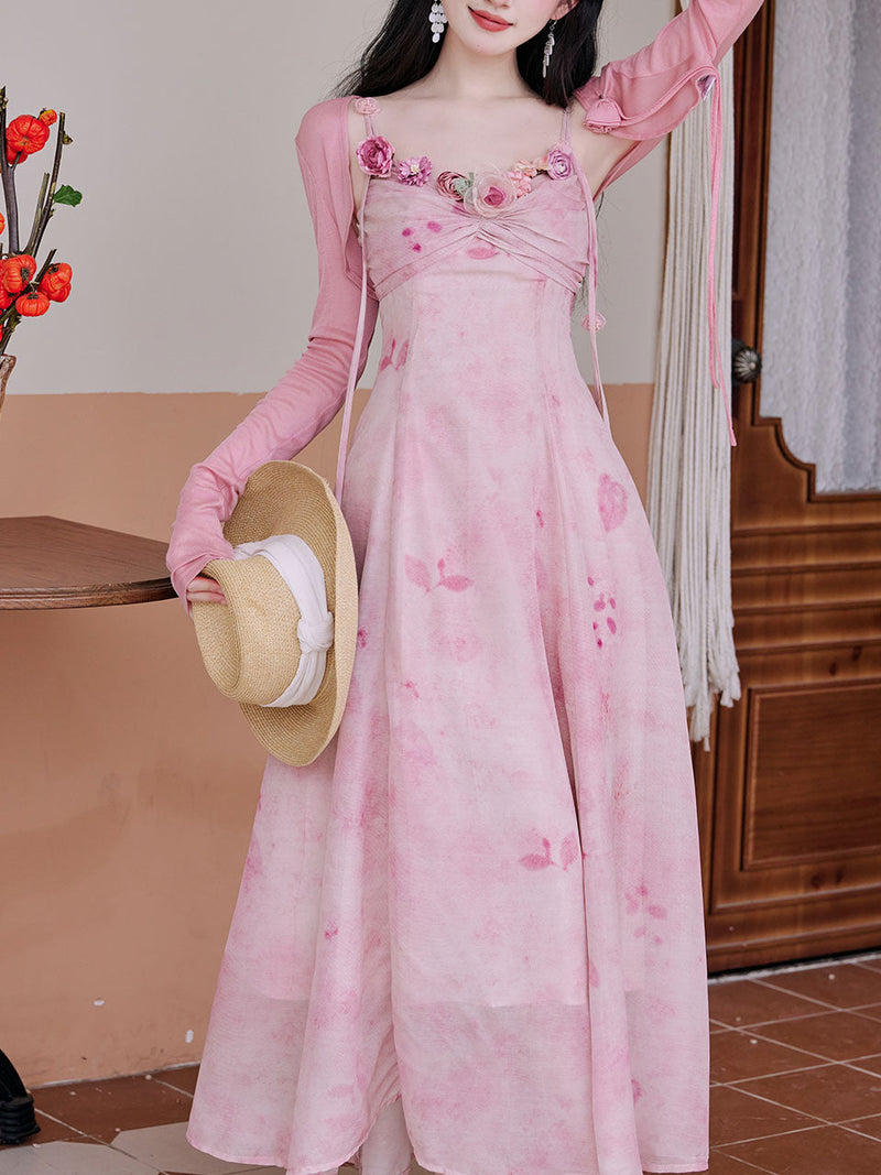 2PS Pink Rose Handmade Flower Suspender Print Vintage Dress and Cardigan Suit