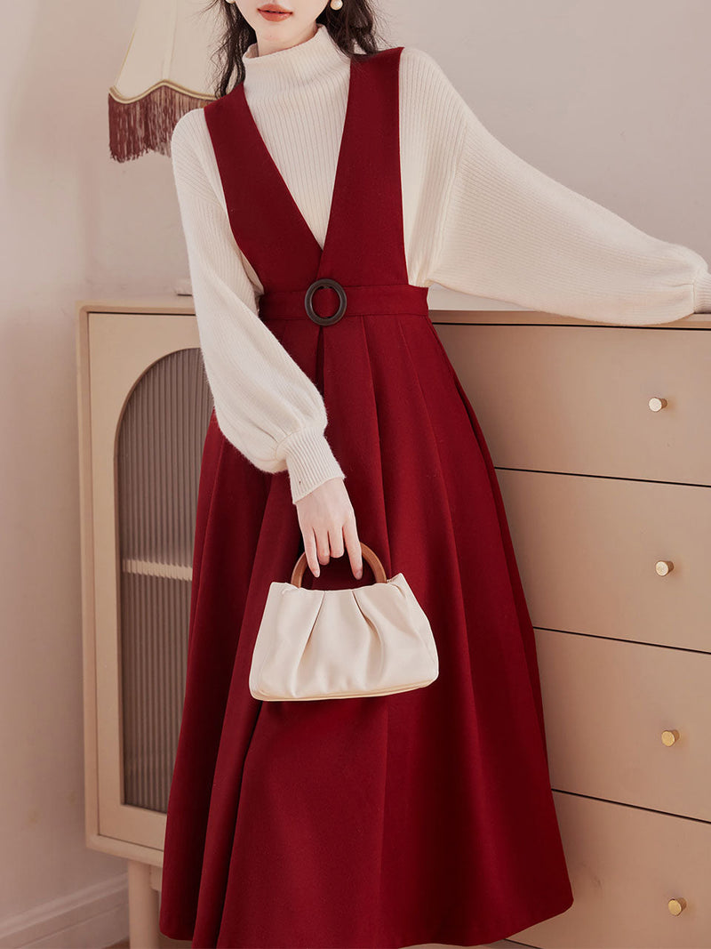 2 Piece Red Angora Retro Suspender Dress with White Bow Shirt