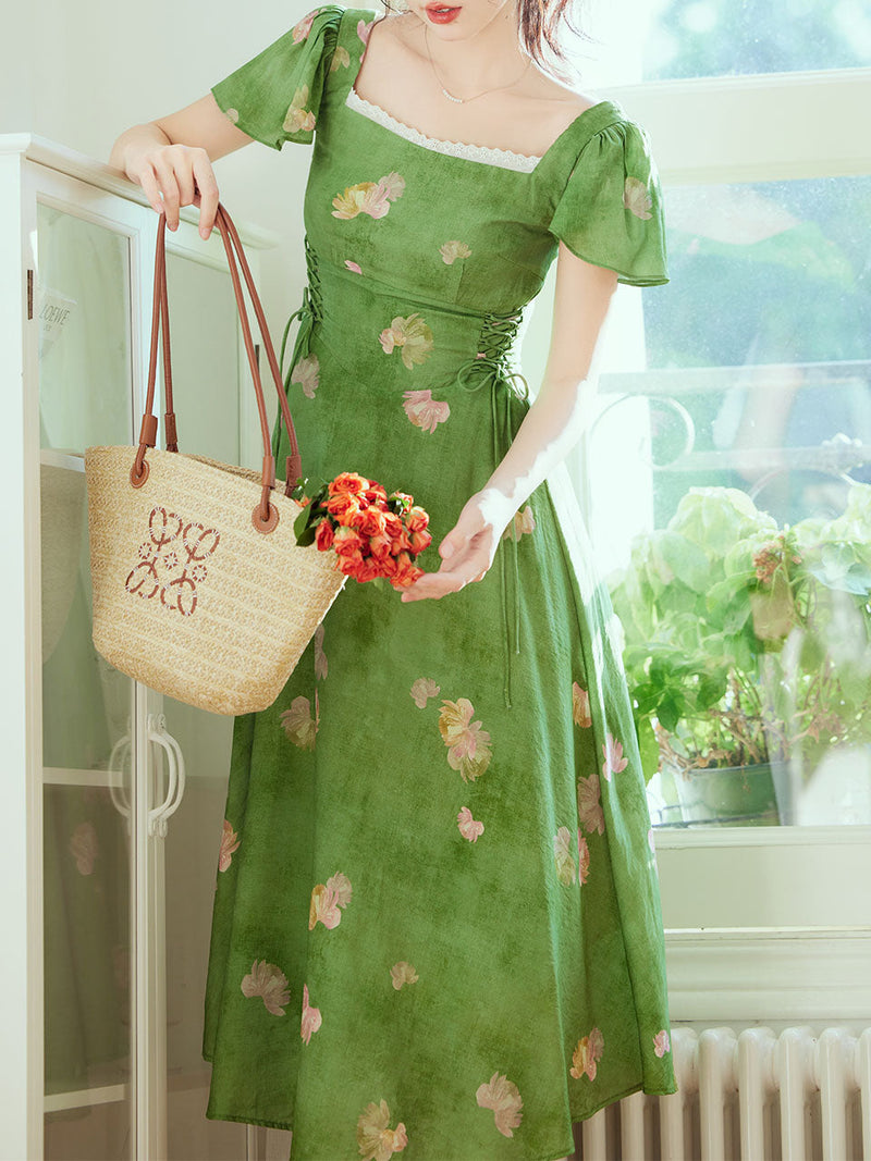 Green Square Neck Short Sleeve Floral Vintage Dress