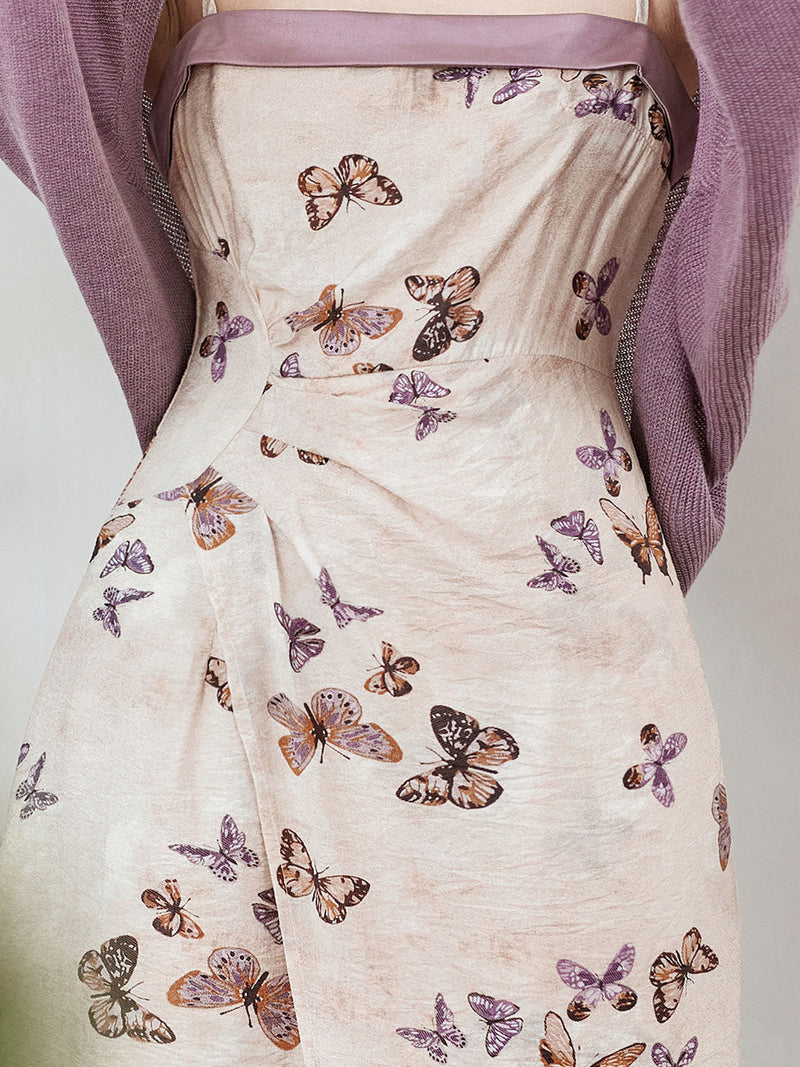 2PS Purple Butterfly Print Spaghetti Strap Dress With Shawl Dress Suit