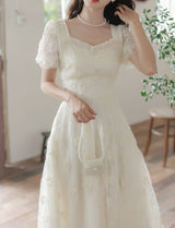 White Flower Sequined Puff Short Sleeve Princess Vintage Dress