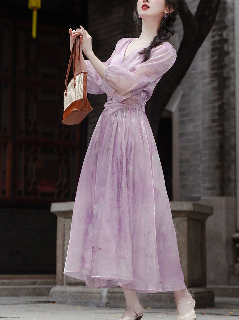 2PS Purple V-neck Organza Flowing Swing Dress with Purple Vest Suits