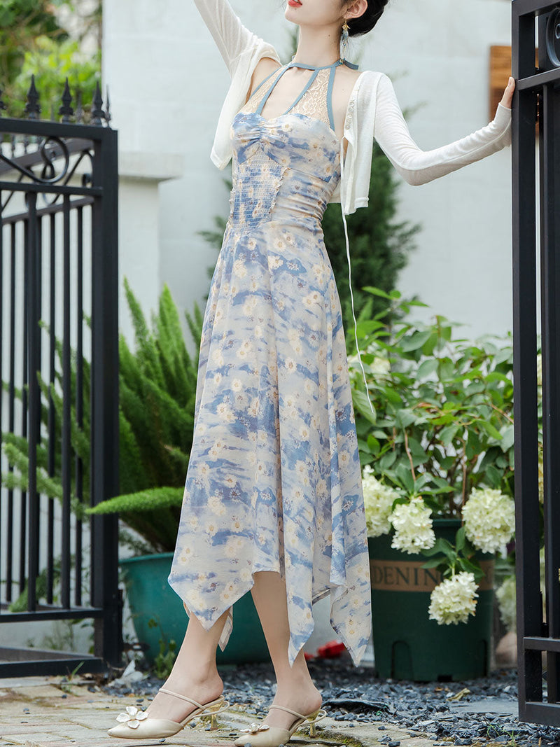 2PS Blue Daisy Floral Print Halter Neck Dress With White Shawl Dress Suit