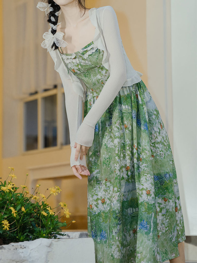 2PS Green Floral Print Suspender Print Vintage Dress and Cardigan Suit