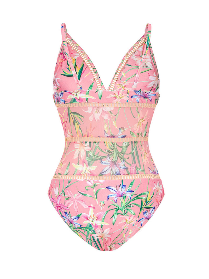 Pink Lace Flowers One-piece Swimsuit With Bathing Suit Warp Skirt