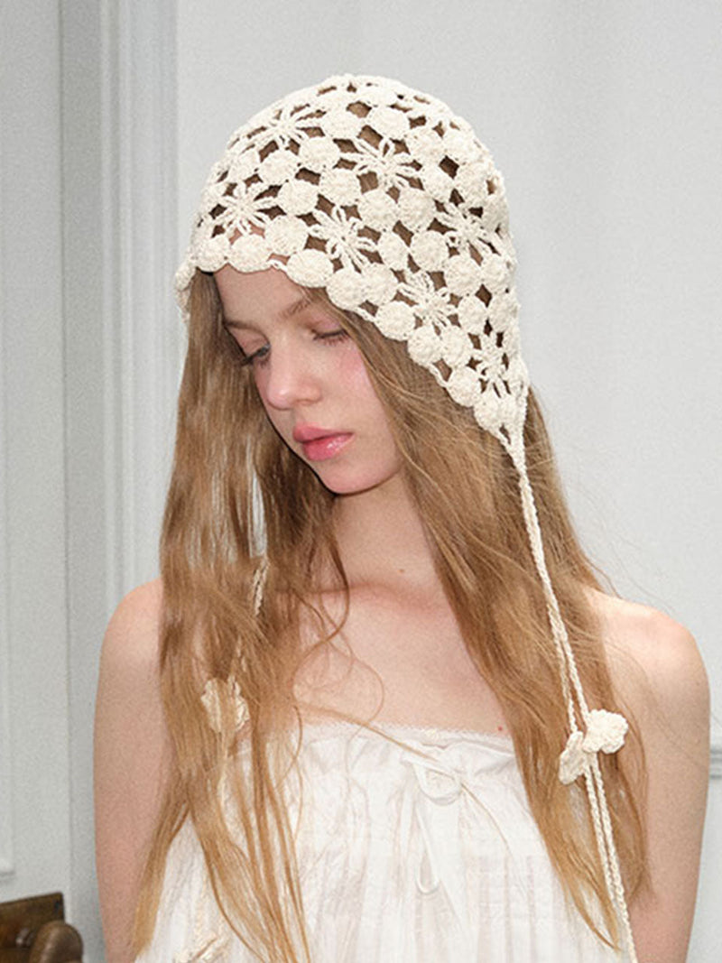 Retro White Crocheted Hollow Knitted Tassel Pullover Hat