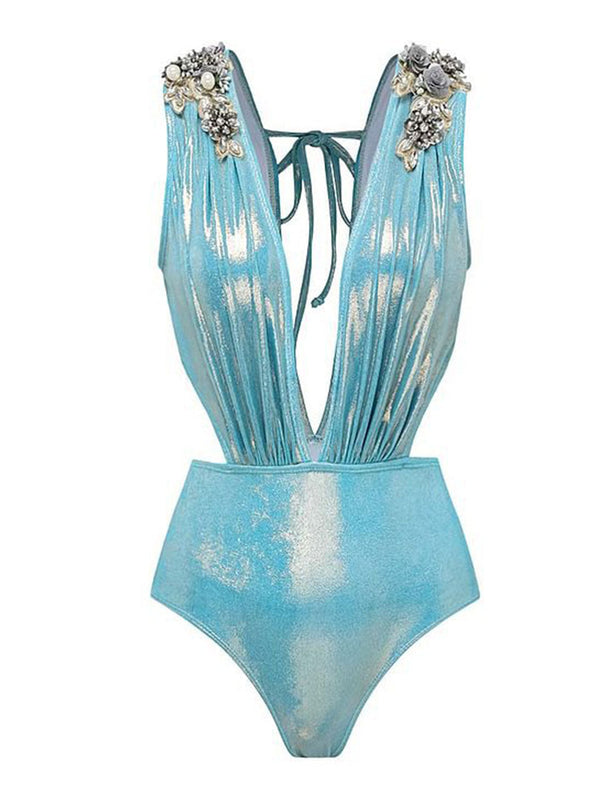 Blue Luminous Fabric One-piece Swimsuit With Bathing Suit Warp Skirt