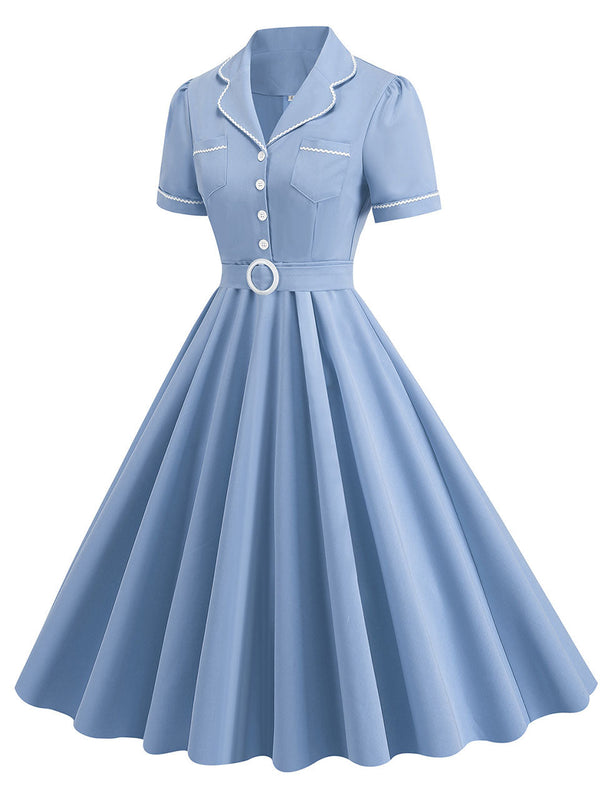 Blue 1950s Vintage Shirt Dress for Women Short Sleeve Audrey Hepburn Style Cocktail Swing Dress