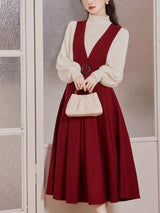 2 Piece Red Angora Retro Suspender Dress with White Bow Shirt