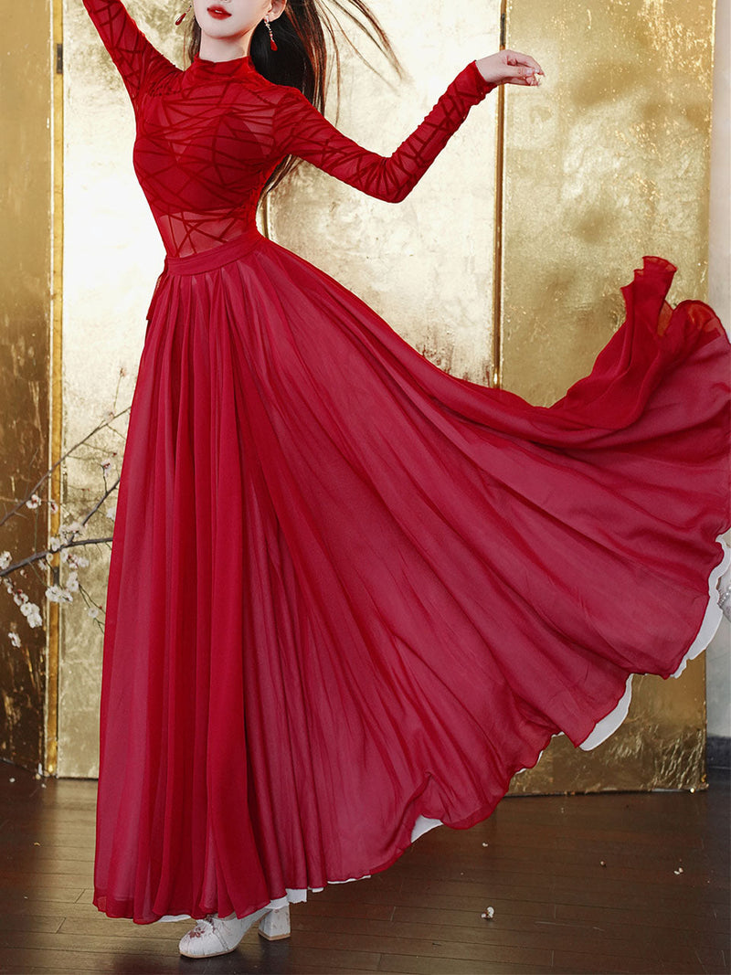 Red Romantic Ruffle Long Sleeve Vintage Maxi Swing Dress Prom Dress