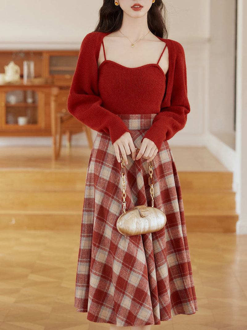 3 Piece Cardigan and Cami Set With Scottish Plaid Swing Skirt 1950S Vintage Audrey Hepburn's Style Outfits