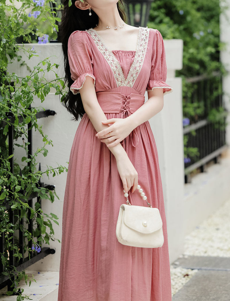 Pink Handmade Rhinestone Lace-up Belt Edwardian Revival Dress