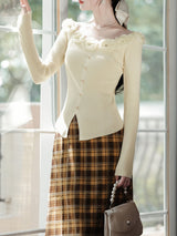 2PS White Rose Sweater And Yellow Plaid Straight Skirt Vintage outfit