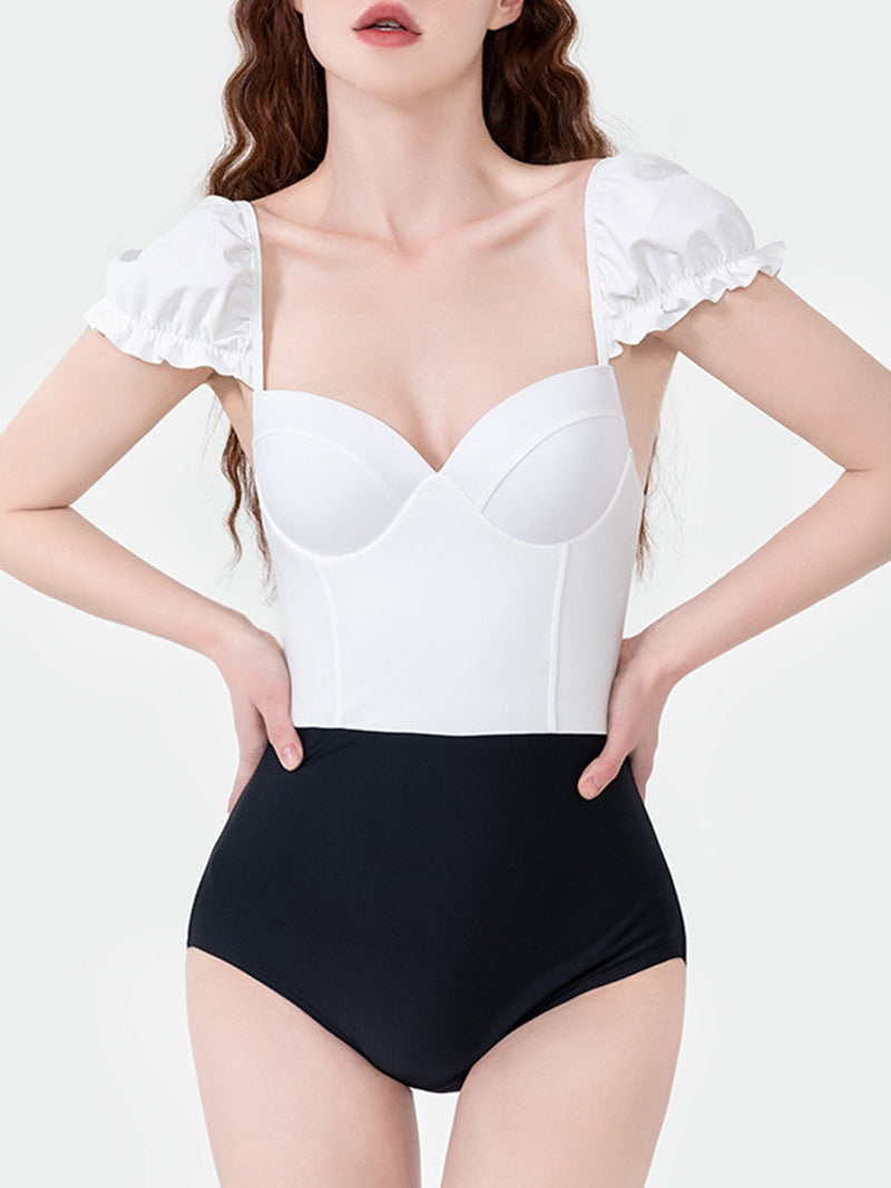 White And Black Retro Audrey Hepburn's Style One Piece Swimsuit