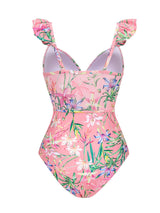 Pink Lace Ruffles Flowers One-piece Swimsuit With Bathing Suit Swing Skirt