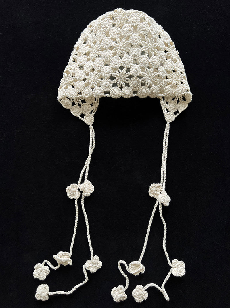 Retro White Crocheted Hollow Knitted Tassel Pullover Hat