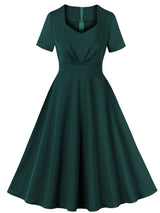 Dark Green Sweet Heart Neck Short Sleeve Vintage Swing Dress With Belt