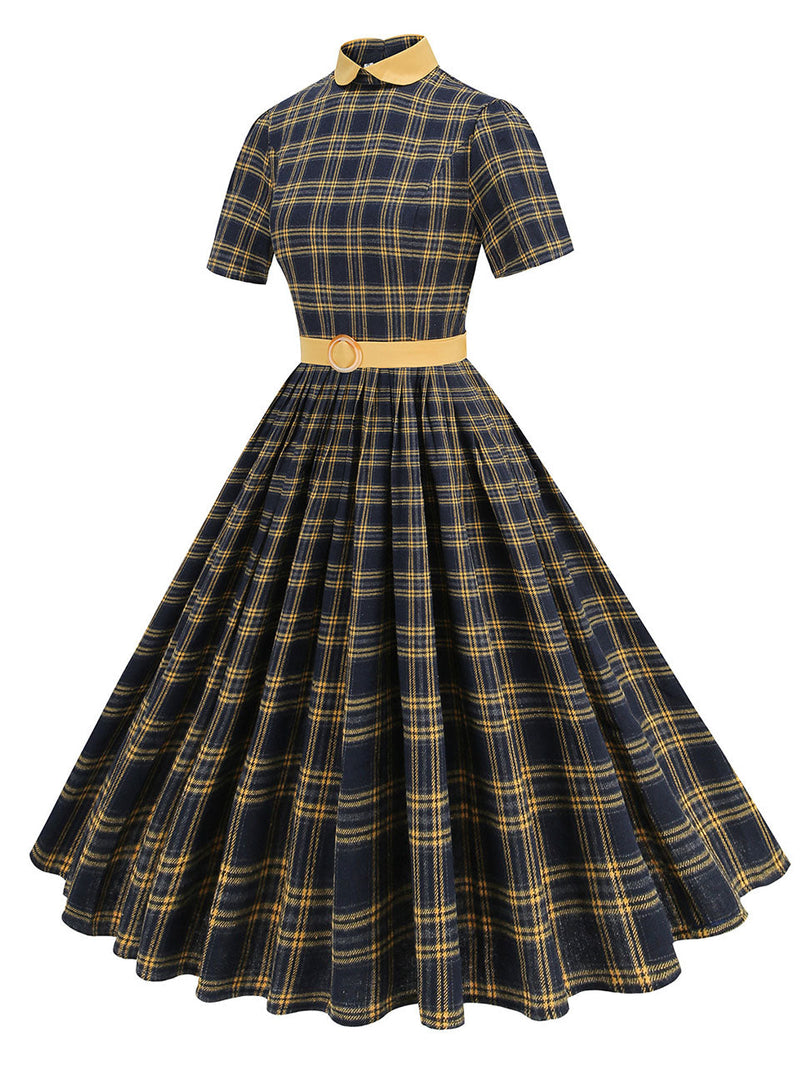 1950s Peter Pan Collar Plaid Vintage Swing Dress