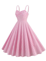 Pink And White Vertical Stripe Spaghetti Strap Barbie Same Style 1950S Vintage Dress