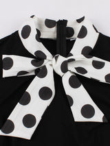 Black And White Polka Dots Bow Collar 1950s Vintage Swing Dress