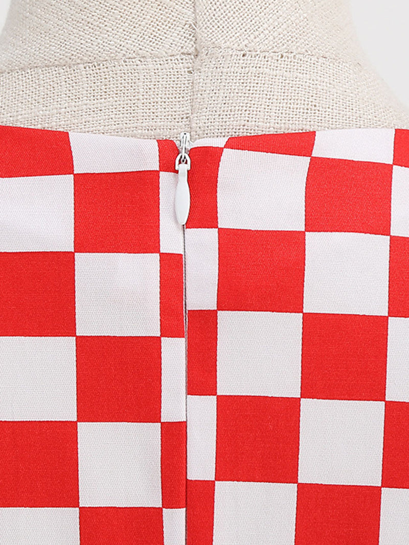 Red Checkerboard Sweet Heart Audrey Hepburn Style Cocktail Swing Dress