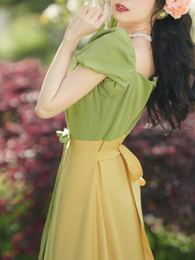 Yellow V Neck Puff Sleeve 1950S Vintage Dress